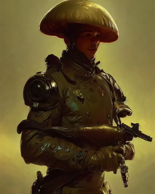 Image similar to portrait of a mushroom wearing a formal military outfit, science fantasy painting, elegant intricate digital painting artstation, greg rutkowski and alphonse mucha, detailed