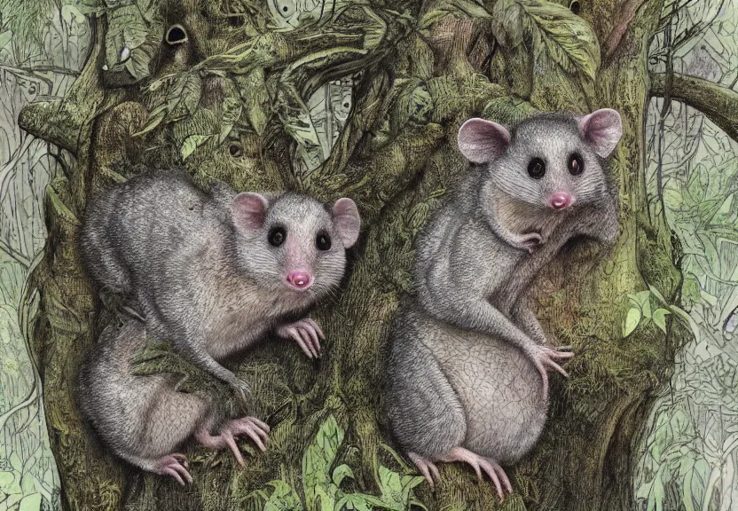 Image similar to humanoid possum hidden in the forest, colorized, highly detailed, 4k, trending on Artstation, award-winning, art by Maurice Sendak