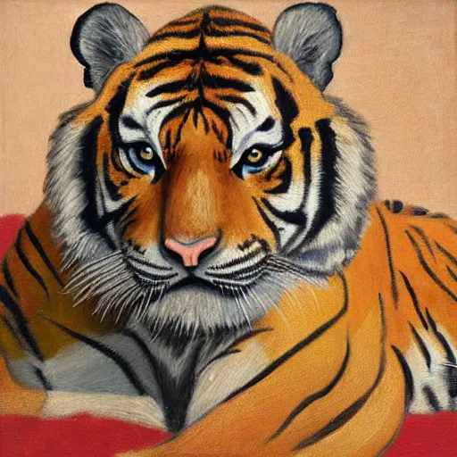 Prompt: tiger, painting on canvas, early modernist, orientalism