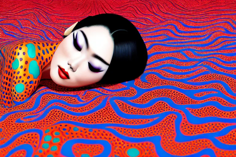 Prompt: realistic detailed image of a geisha laying down in a padded room, conjuring psychedelic background, part by yayoi kusama, part by alex gray, part by ross tran, part by james jean, ultra realistic, highly detailed, life like face, detailed body, 8 k, octane render, trending on artstation, very cohesive, masterpiece