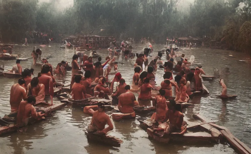 Image similar to a misteriuos colored old film photography of people doing an aztec ritual, xochimilco river, hazy, humid, photorealistic,