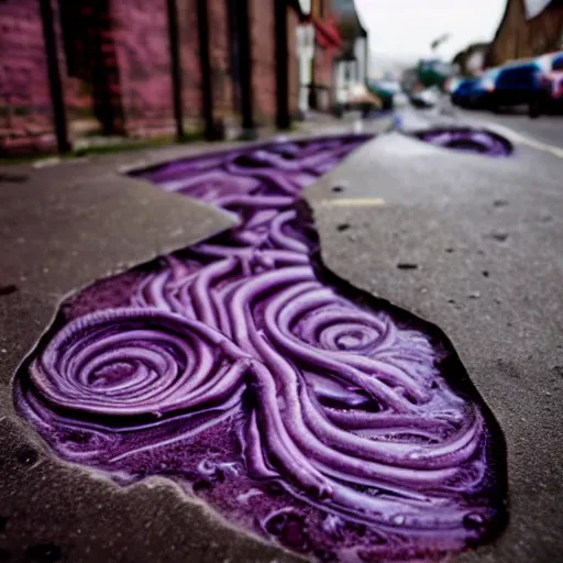 Image similar to close up eldritch purple tentacles and tendrils coming out of a puddle in a typical uk town. horror. sinister. polaroid