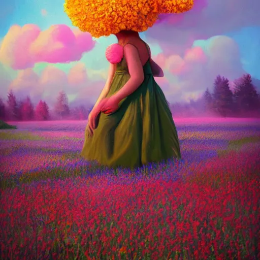 Image similar to girl with giant flower as a face, surreal photography, dream, dress made from the flower field she walks through, hills, big trees, sunrise dramatic light, impressionist painting, colorful clouds, digital painting, pointillism, artstation, simon stalenhag