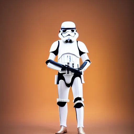 Image similar to fashion photoshoot of a Stormtrooper in a modeling pose with a shiny golden chain, big studio lighting, coloured backdrop and backlight, medium shot, dutch angle, 50 mm lens, flash photography, highly detailed, medium format, vogue