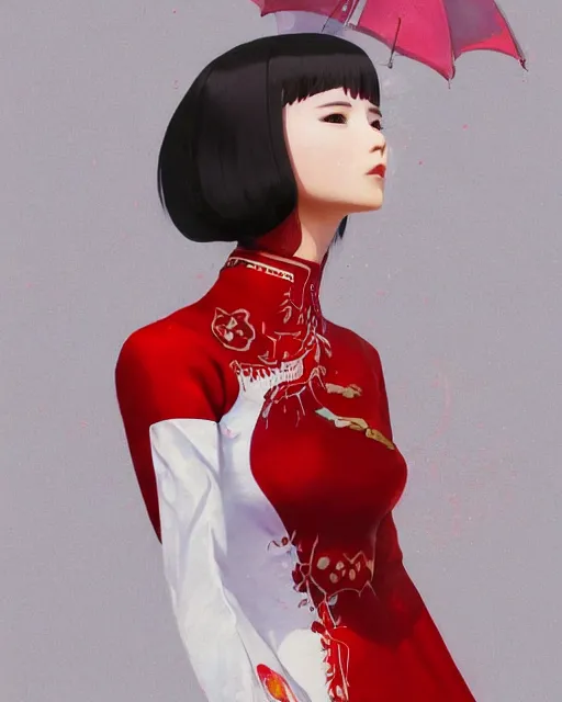 Image similar to a ultradetailed beautiful panting of a asian robotic female wearing traditional red ao dai, by ilya kuvshinov, greg rutkowski and makoto shinkai, trending on artstation