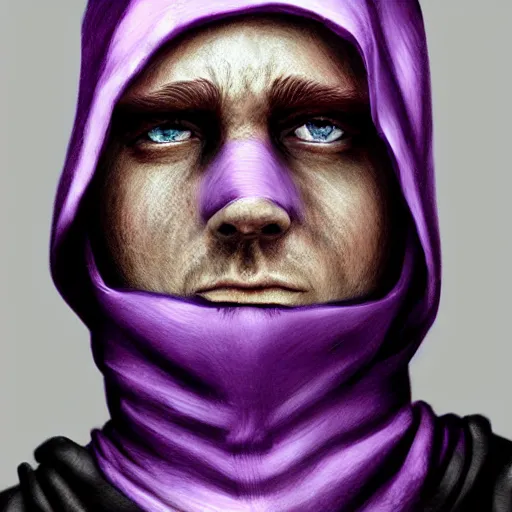 Image similar to ultra realistic illustration, man in a black hood, in a striped purple balaclava, mysterious, highly detailed, digital painting, artstation, concept art, smooth, sharp focus, illustration