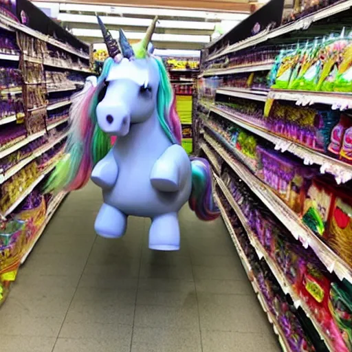 Image similar to a unicorn rampaging through a supermarket