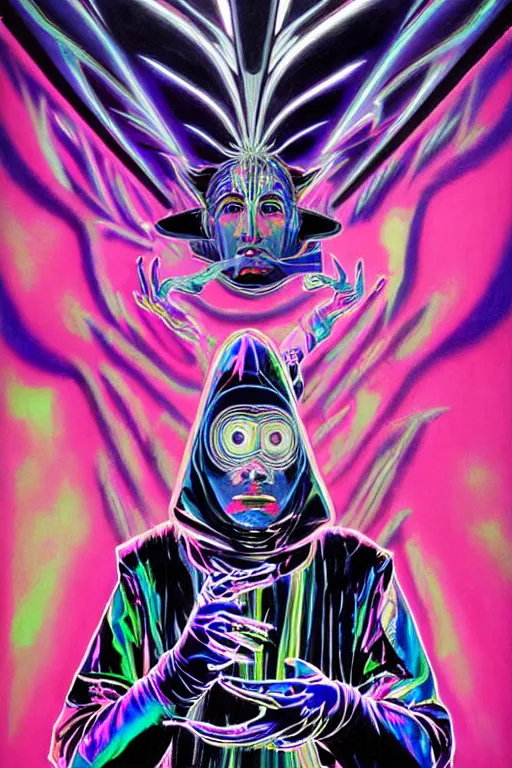 Image similar to a highly detailed beautiful masterpiece portrait painting of a technomancer wizard in dazzle camouflage robes with pointed hood facetiming his AI djinn hologram in his laboratory near a holographic super-computer by Remedios Varo and Anato Finnstark and Greg Rutkowski and Andy Warhol, dayglo pink, dayglo blue, prismatic, pearlescent white, raven black, glowing, hyperrealism, 8k, trending on ArtStation, rendered in Octane, rendered in Unreal engine, award winning, volumetric lighting