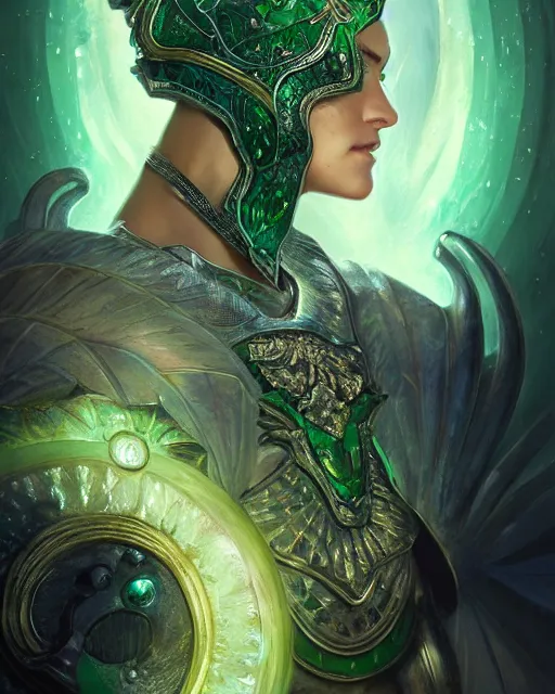 Prompt: Portrait of a Fantasy emerald knight, moonlit, HD, illustration, epic, D&D, fantasy, intricate, elegant, highly detailed, digital painting, artstation, concept art, smooth, sharp focus, illustration, art by artgerm and greg rutkowski and alphonse mucha, monster hunter illustrations art book