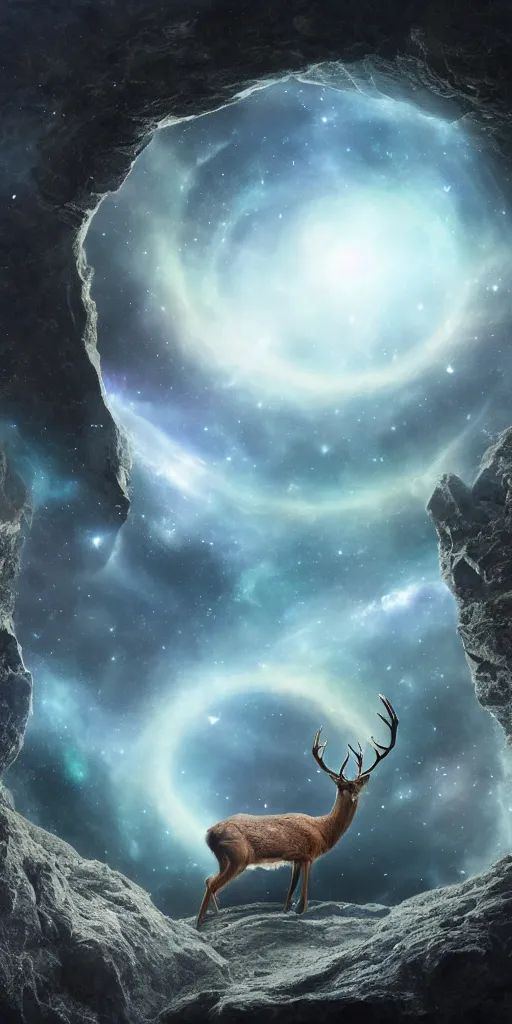 Prompt: an extreme long shot of a deer peering into a giant portal into the universe in the shape of a keyhole to the nebulae and galaxies, an eagle flying, beautiful matte painting by weta workshop 4 k, cinematic dramatic atmosphere, dramatic lighting, trending on artstation