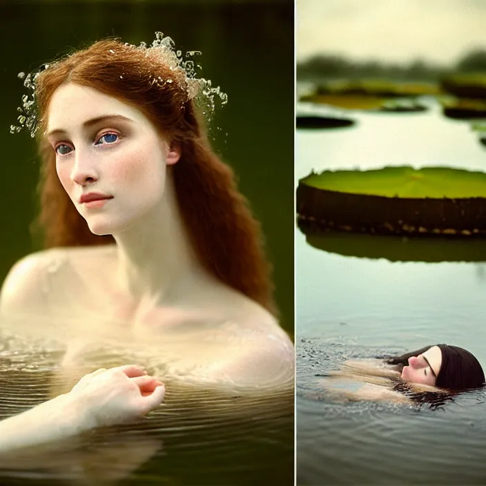 Prompt: Kodak Portra 400, 8K, soft light, volumetric lighting, highly detailed, britt marling style 3/4 ,portrait photo of a beautiful woman how pre-Raphaelites painter, the face emerges from the water of a pond with water lilies, half face and hair are immersed in water, a beautiful lace dress and hair are intricate with highly detailed realistic beautiful flowers , Realistic, Refined, Highly Detailed, natural outdoor soft pastel lighting colors scheme, outdoor fine art photography, Hyper realistic, photo realistic