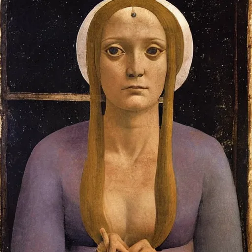 Image similar to half - length portrait of beautiful witch circe in the odyssey, art by piero della francesca, giotto, leonardo da vinci