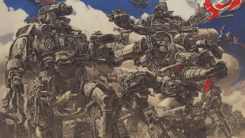 Prompt: American mechs take Okinawa, sci-fi illustrations, WWII propaganda poster, highly detailed, intricate, photorealistic, award-winning, patriotic, american, dark, gritty, oil painting