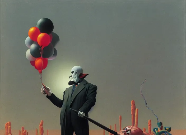 Image similar to A grumpy man in a clown mask with a knife in his hands stands in a toy store and buys a black inflatable balloon, highly detailed, soft lighting, elegant, Wayne Barlowe, Edward Hopper and James Gilleard, Zdzislaw Beksinski, Steven Outram, highly detailed