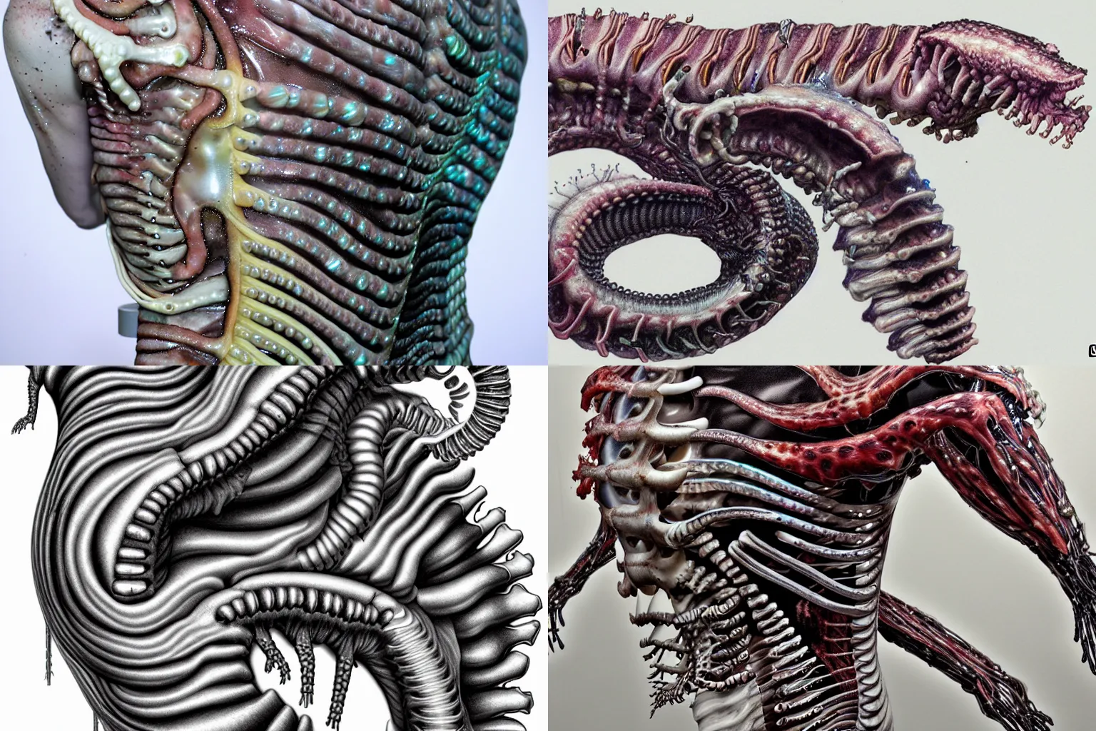 Image similar to biomechanical airbrushed eel monster embedded pearls ribs spinal cord