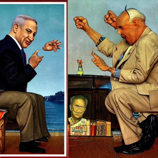 Image similar to absurdist art of benjamin netanyahu, by michael cheval and norman rockwell