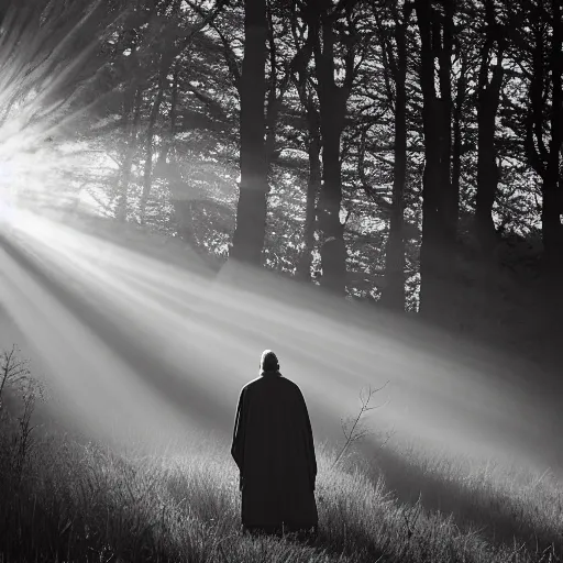 Prompt: old prophet wandering about a meadow. god rays. crepuscular rays. light scattering.