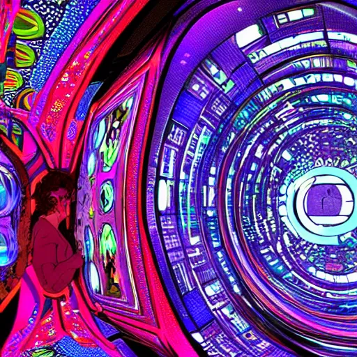 Prompt: A Couple look outside their window within a spaceship entering a wormhole, psychedelic, hyper intricate, inspired by 2001 A Space Odyssey