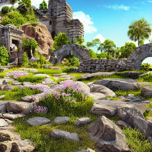 Prompt: A realistic detailed photo of an ancient city, nature, rock debris, flowers, blue sunny sky, beautiful landscape, amazingly beautiful landscape, clear water, light particles, detailed light, realistic shaders, trending on artisation, detailed textures, detailed, realistic.
