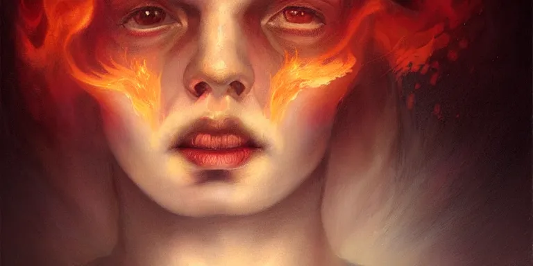 Prompt: A Portrait of the God of Fire, by Manuel Sanjulian and Tom Bagshaw