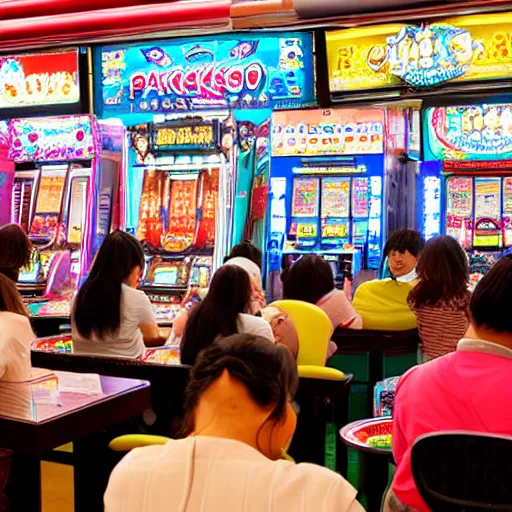 Prompt: a bunch of people at a pachinko parlor