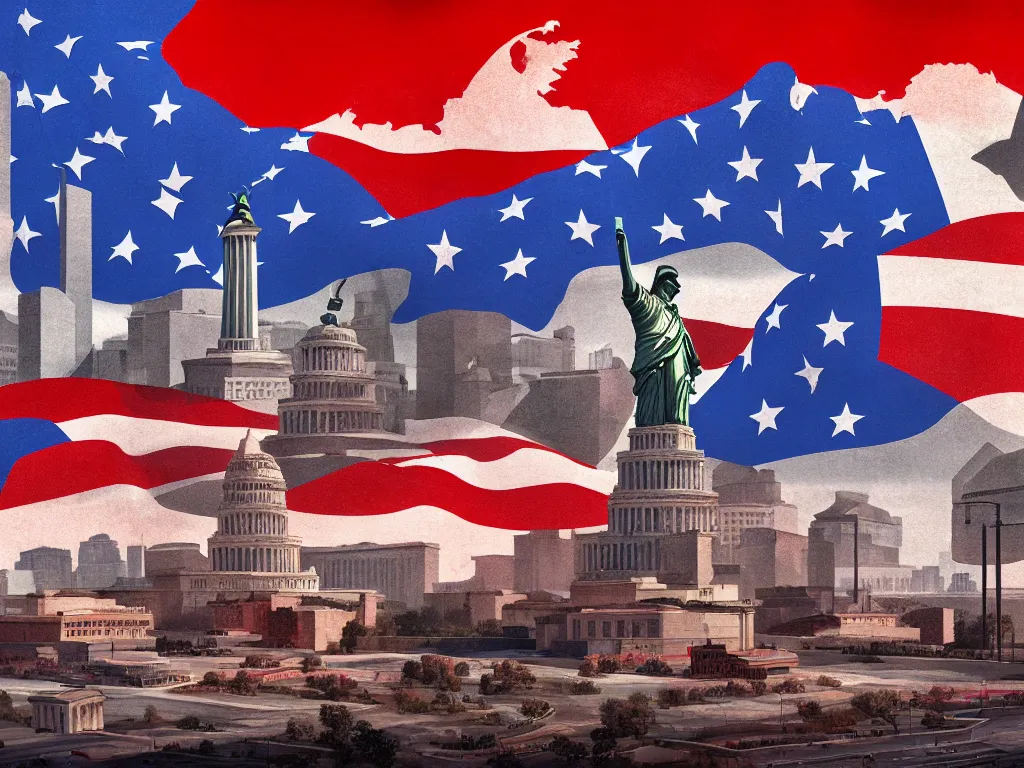 Image similar to landscape matte painting of a communist american state capital showing the triumph of communism in america, socialist american state flags, socialist statues, digital painting, modern city scape, conflict, camaraderie, sacrifice, hope, highly detailed, 4 k, artstation, photorealistic, architecture, america 2 0 9 8 by fan wennan