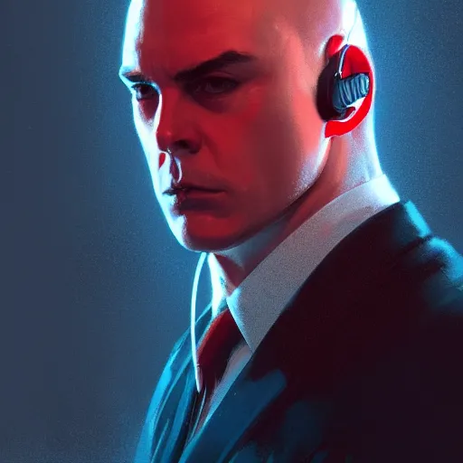 Image similar to a portrait pf agent 4 7 from hitman wearing headphones, red background, rim light, highly detailed, digital art, artstation, concept art, smooth, sharp focus, greg rutkowski, wlop