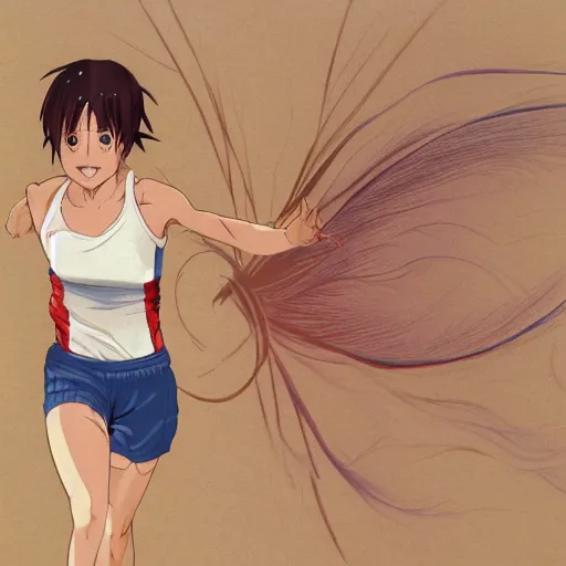 Prompt: a girl is running, sport clothing, anime style, short hair, hair down, symmetrical facial features, smiling mouth, from yowamushi pedal, hyper realistic, rule of thirds, extreme detail, detailed 4 k drawing, trending pixiv, realistic lighting, by alphonse mucha, greg rutkowski, sharp focus, backlit, high budget show