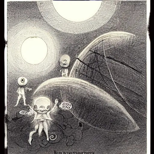 Image similar to dawn of creation; first atom; beings of light and darkness; ethereal plane. illustrated by maurice sendak and Stephen Gammell