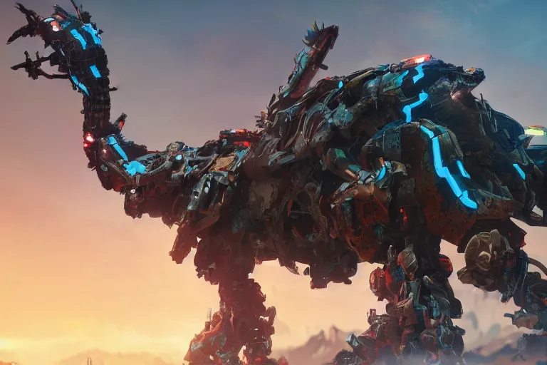 Image similar to ravager machine mecha animal beast robot of horizon forbidden west horizon zero dawn bioluminiscence global illumination ray tracing hdr fanart arstation by sung choi and eric pfeiffer and gabriel garza and casper konefal