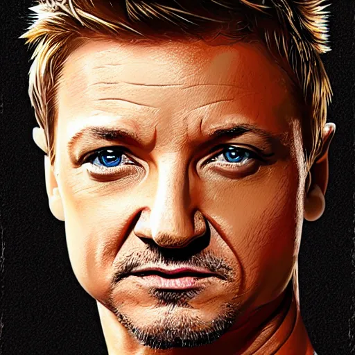 Image similar to portrait of jeremy renner, highly detailed, centered, solid color background, digital painting