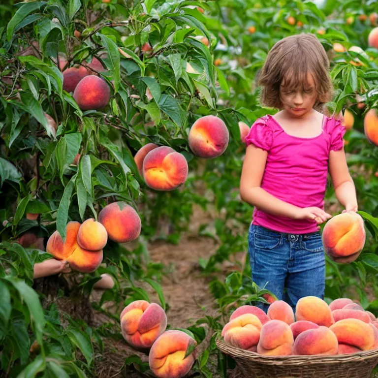 Image similar to a little girl picking peaches on another planet