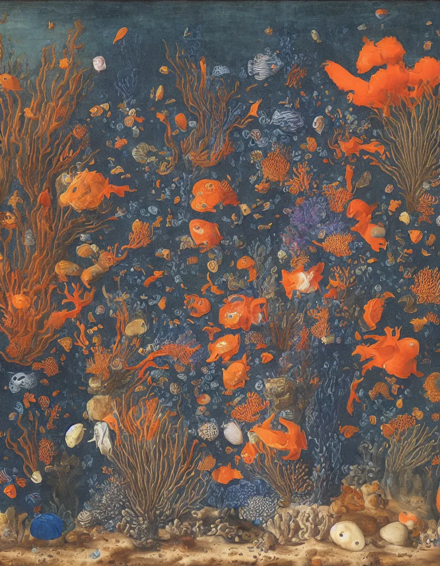 Image similar to bottle vase of coral under the sea decorated with a dense field of stylized scrolls that have opaque outlines enclosing mottled blue washes, with orange shells and purple fishes, Ambrosius Bosschaert the Elder, oil on canvas, hyperrealism, around the edges there are no objects