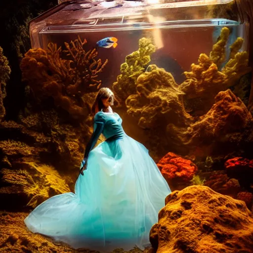 Image similar to photo by mort kunstler and annie leibovitz and monia merlo, a woman wearing a giant inflated clear plastic dress containing an aquarium, backlit, 4 d, 4 k, volumetric lighting, photorealistic, light ray, hyperdetailed