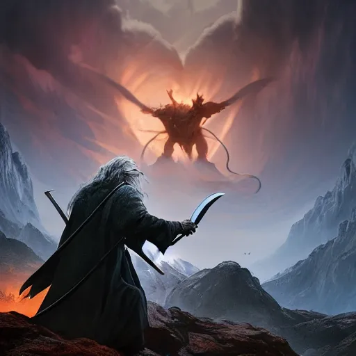 Image similar to Gandalf fighting a Balrog, beautiful landscape, dramatic lighting, cinematic, establishing shot, extremly high detail, photorealistic, cinematic lighting, post processed, concept art, artstation, matte painting, style by greg rutkowsky