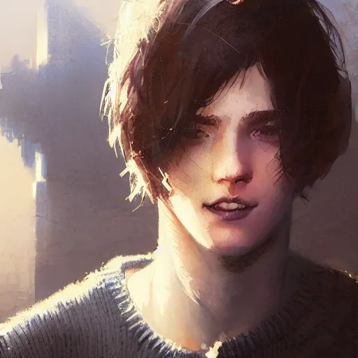 Image similar to portrait of a very masculine teenage girl with blue eyes and brown hair, short men's haircut, smiling, wearing an oversized sweater, dramatic lighting, illustration by Greg rutkowski, yoji shinkawa, 4k, digital art, concept art, trending on artstation