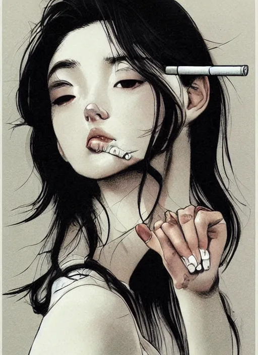 Image similar to portrait of a beautiful girl smoking a cigarette, by takehiko inoue and kim jung gi and hiroya oku, masterpiece illustration, ultrarealistic!!!!, perfect face and anatomy!!!!!, golden ratio!!!