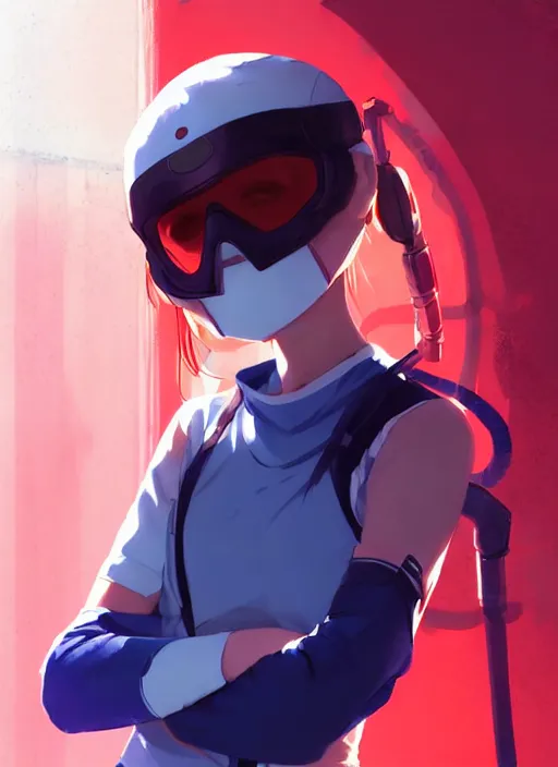 Image similar to a girl with sports clothes, blue lens airsoft mask, softair center landscape, illustration, concept art, anime key visual, trending pixiv fanbox, by wlop and greg rutkowski and makoto shinkai and studio ghibli and kyoto animation, paintball world cup, symmetrical facial features, short hair, red airsoft electric pistol, realistic anatomy