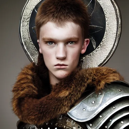 Image similar to a portrait of a beautiful young viking male wearing an alexander mcqueen armor , photographed by andrew thomas huang, artistic