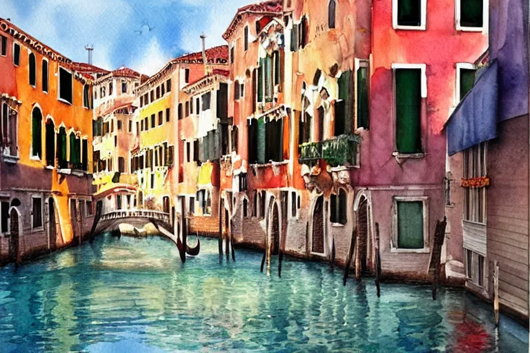 Image similar to !! watercolor!! venice in a sunny day, artwork by tooth wu, colorful contrast,!! very coherent!!, dark shadow, thick lineart