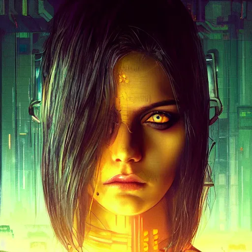 Image similar to molly millions, closeup portrait of a young beautiful cyberpunk woman, eye implants, black hair in a rough shag, sunset, neuromancer, street samurai, cyberpunk city background, megacity, gorgeous view, depth, painted by seb mckinnon, high detail, digital art, painted by greg rutkowski, trending on artstation