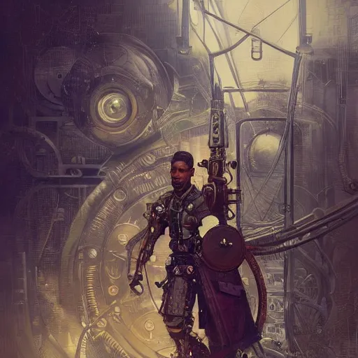 Prompt: Will Smith as a steampunk engineer, intricate, highly detailed, digital painting, artstation, concept art, sharp focus, illustration, art by greg rutkowski and alphonse mucha