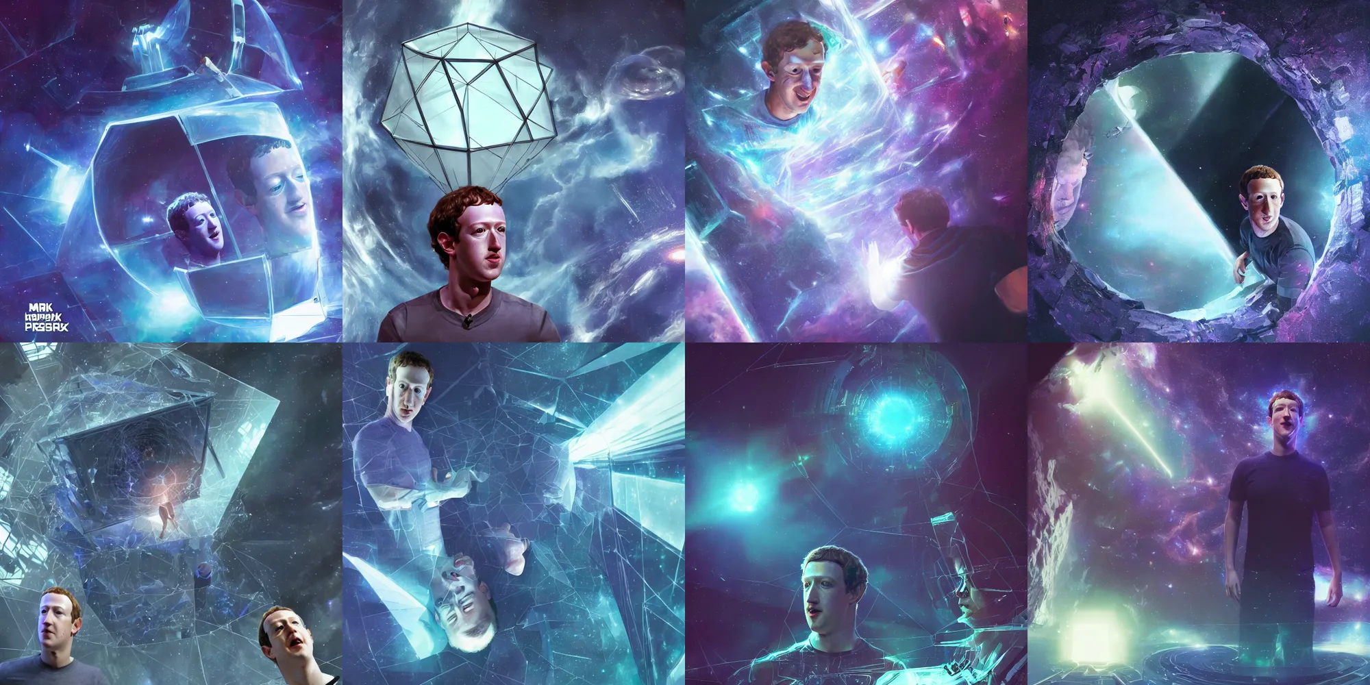 Prompt: a terrified mark zuckerberg trapped in a space prism, hyperreal, artstation