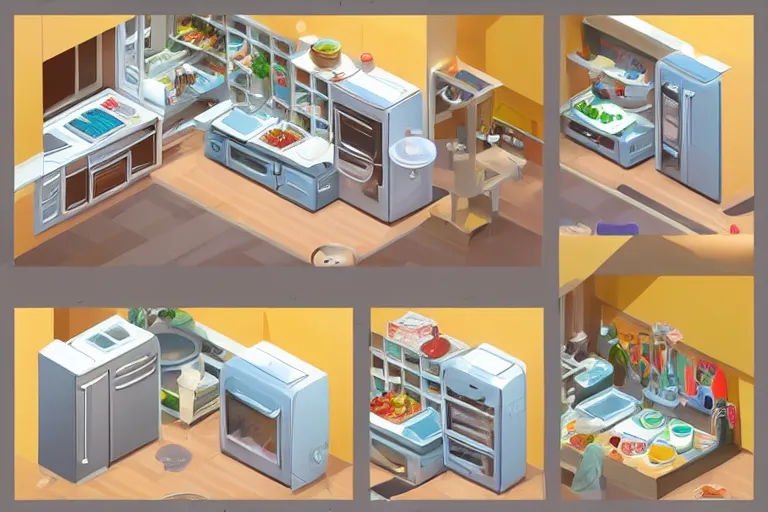 Image similar to cute kitchen, refrigerator, sink, isometric art, bright, artstation, highly detailed