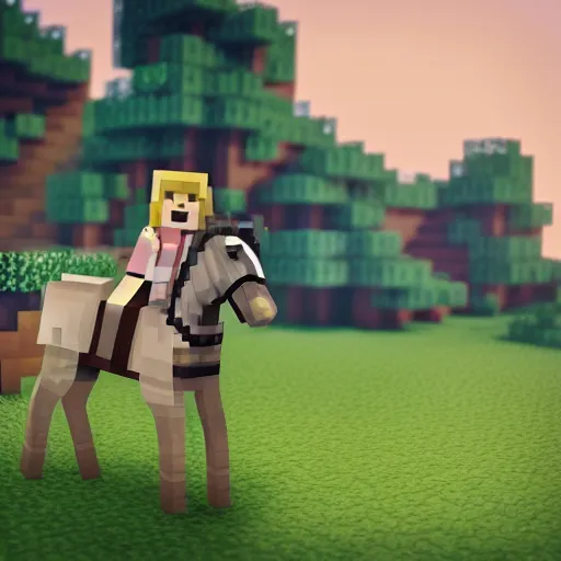 Image similar to cute annie leonhart riding a minecraft horse in minecraft, beautiful face, pale skin, rule of thirds, cinematic lighting, rainy weather, melancholy atmosphere, sharp focus, backlit, stunning, smooth, hard focus, full body shot, instagram photo, shot on sony a 7 iii, hyper realistic