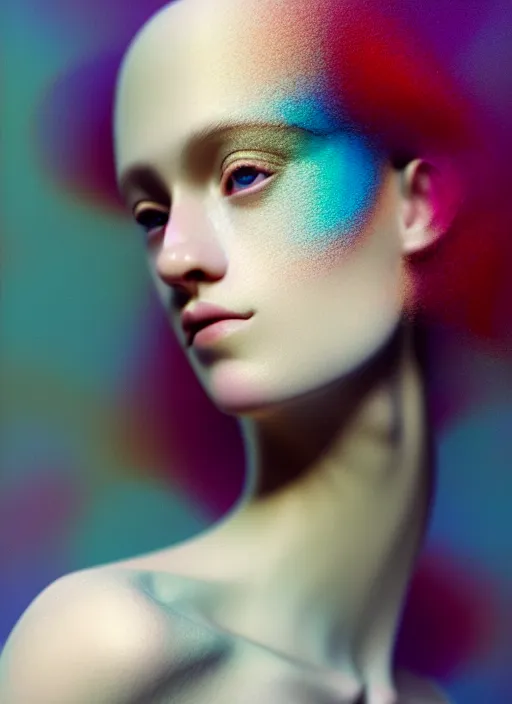 Image similar to Kodak Portra 400, 8K, soft light, volumetric lighting, highly detailed, fine art portrait photography in style of Paolo Roversi , britt marling face 3/4 morphing with soft pastel colors tropical fishes, metamorphosis complex 3d render , 150 mm lens, soft blur background, bust with intricate details, elegant, hyper realistic, ultra detailed, octane render, etheric, outworldly colours, emotionally evoking, head in focus, fantasy, ornamental, intricate, elegant, 8K, soft light, volumetric underwater lighting, highly detailed, Refined, Highly Detailed, soft lighting colors scheme, fine art photography, Hyper realistic, photo realistic
