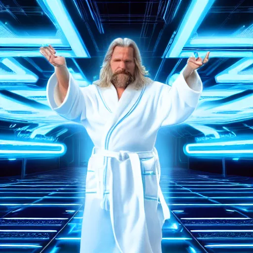 Image similar to dude lebowski dressed in bathrobe played by jeff bridges, stuck in tron realm, photorealistic movie still, detailed 8 k, poster style, high resolution