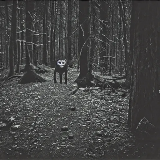 Image similar to A bipedal monster in a northern forest. Trail cam, grainy, at night.