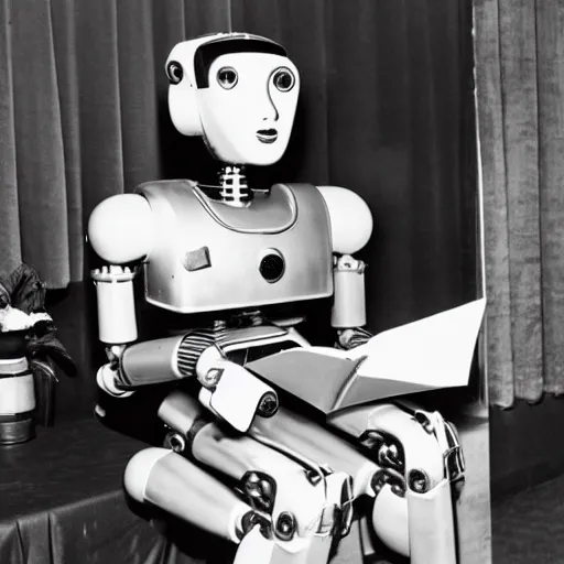 Prompt: vintage robot gives book reading in 1 9 5 0 s beat cafe