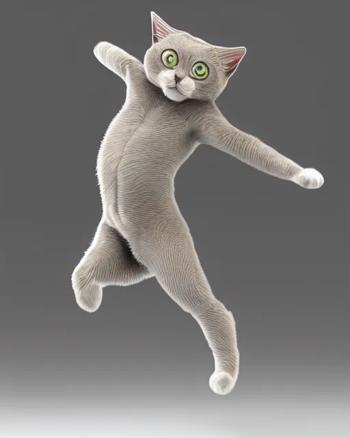 Prompt: full body 3d render of a cat leaping mid air as a stylized action figure, studio lighting, white background, blender, trending on artstation, 8k, highly detailed